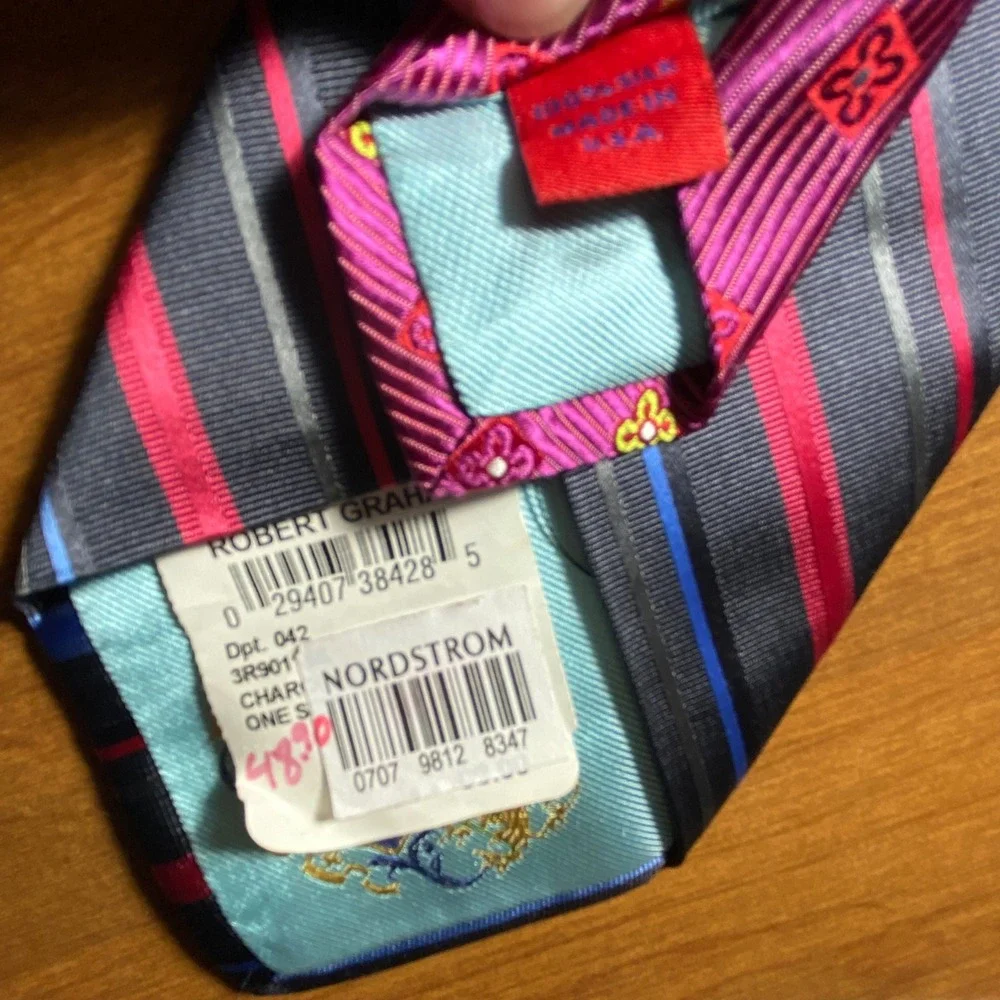 Robert Graham Mens Silk Tie Blue Pink Striped Knowledge Wisdom Truth Made in USA
